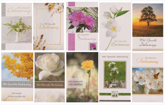 Collage van ansichtkaarten met bloemen, bomen en teksten.