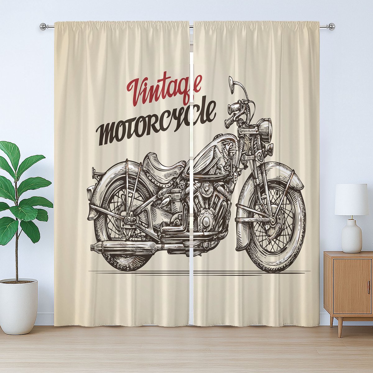 ABAKUHAUS Motorfiets Rustiek Gordijn, Chopper Stijl Fiets, met Banden, Lussen en Haken voor de Woonkamer, 280 x 225 cm, Beige en Bruin