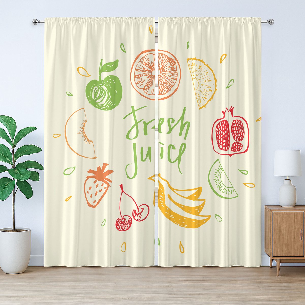 ABAKUHAUS Fruit Rustic Gordijn, Granaatappel Perzik Limoen, met Bandjes, Lusjes en Haken voor de Woonkamer, 280 x 175 cm, Geel Groen Rood