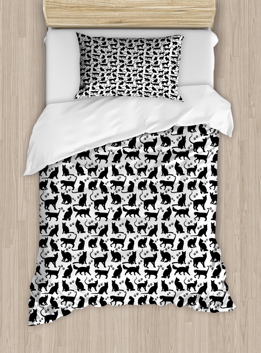 ABAKUHAUS Kattenbeddengoedset voor eenpersoonsbedden, zwarte silhouetten, vriendelijk, inclusief kussensloop, 130 x 200 cm
