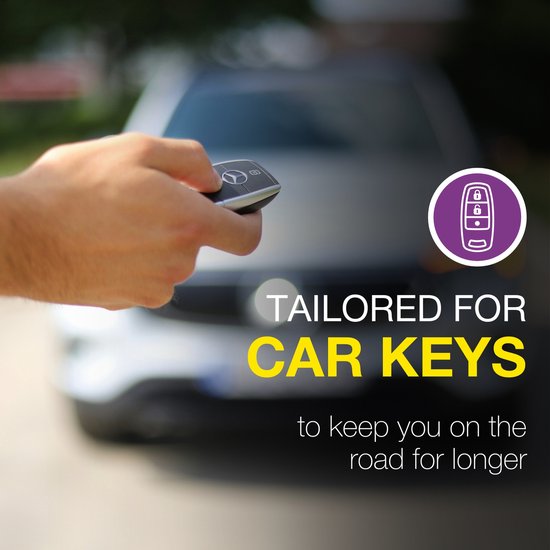 Hand die een autosleutel vasthoudt met GP batterij. "TAILORED FOR CAR KEYS".