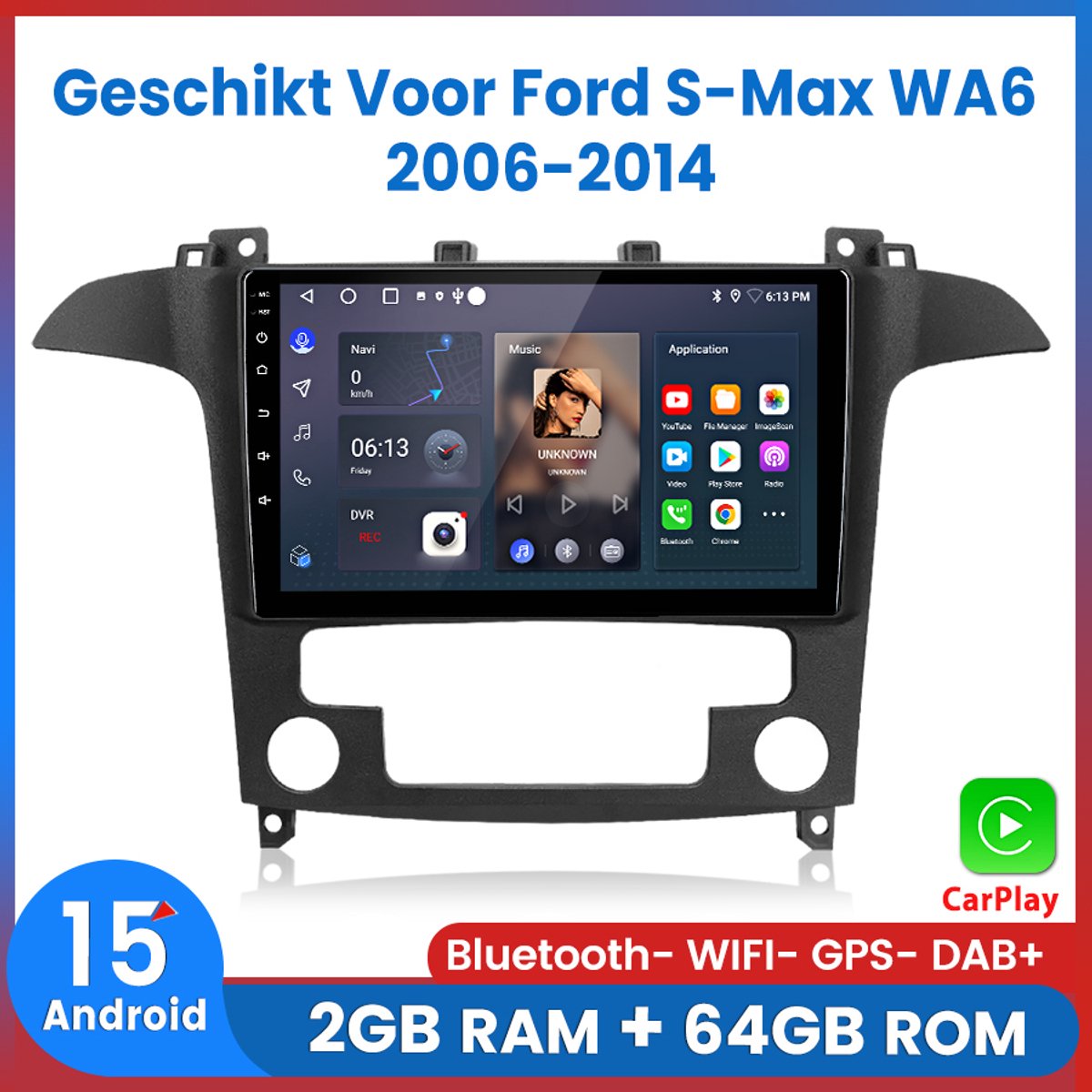 Awesafe 2GB+64GB Autoradio - Geschikt Voor Ford S-Max WA6 2006 t/m 2014 - Draadloos Carplay & Android Auto - Bluetooth & Wifi - GPS Navigatie - Touchscreen - Radio Scherm - 2007 2008 2009 2010 2011 2012 2013 2014