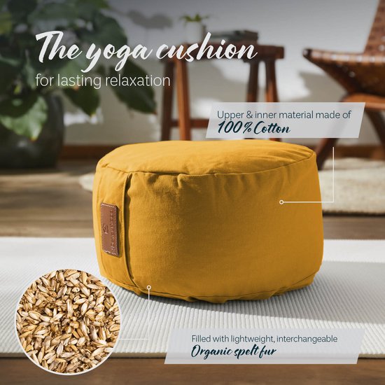 #DoYourYoga - Yoga kussen - »Vishnu« - rond meditatiekussen met bio-organische Spelt vulling - H:15cm, diam.30cm - curry geel van #DoYourYoga — afbeelding 2