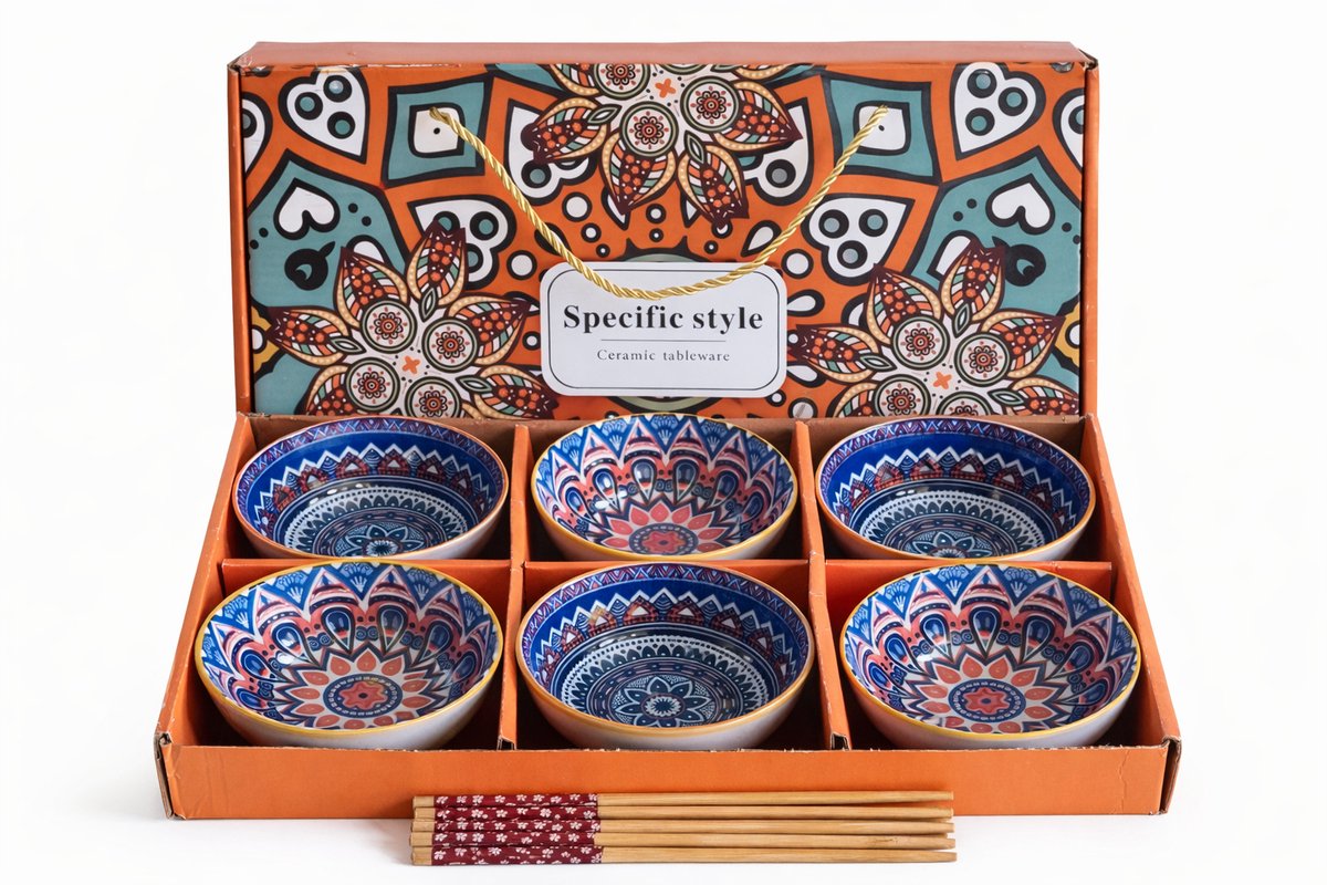 6 Keramische kommen met eetstokjes - Bohemian - set - schaaltjes - kommetjes - serviesset - tapas, rijst, sushi - keramiek - porselein - giftbox - cadeauverpakking - Oosterse stijl - rijstkom - sushikom - decoratief servies - Boho - Mandala - Boheems