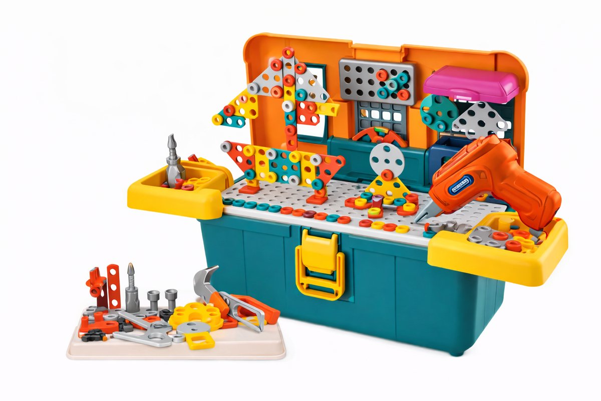 Kinder Werkbank met Elektrische Boor – 298 Delige Gereedschapskoffer – 5-in-1 Bouwspeelgoed – Educatief STEM Speelgoed – Vanaf 3 Jaar
