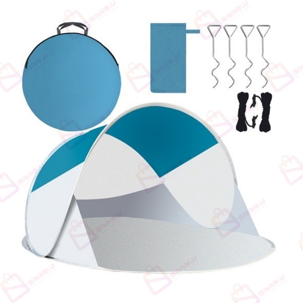 POP-UP Strandtent 220x120x90 cm – Semi-open – Bescherming Tegen Zon en Wind – Zelfopenend in 2 seconden – Lichtgewicht Draagbaar – Inclusief Haringen en Draagtas – Blauw-Grijs – 36317