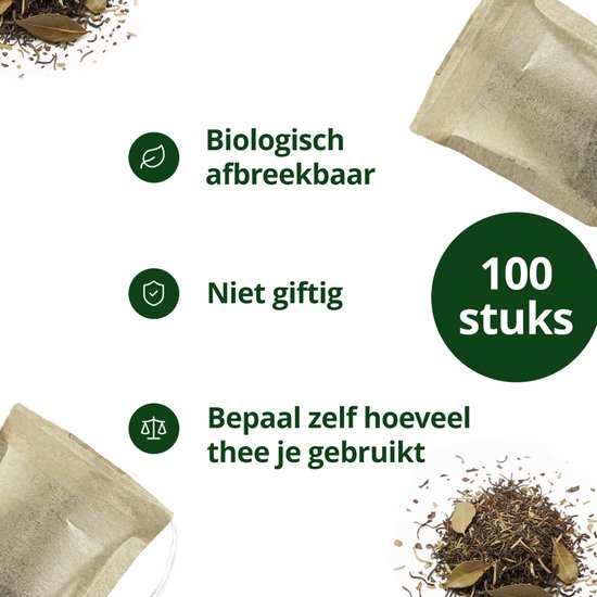 Iconen met tekst: biologisch afbreekbaar, niet giftig, bepaal zelf hoeveel thee je gebruikt. 100 stuks.