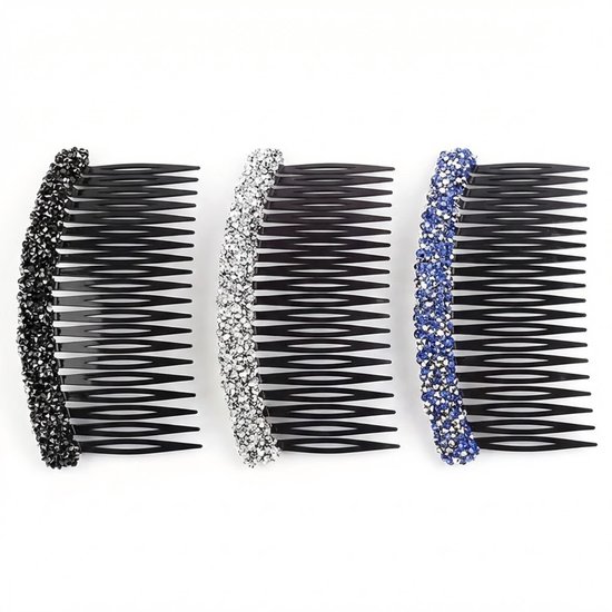 Drie zwarte haar kammen met strass steentjes: zwart, zilver en blauw.