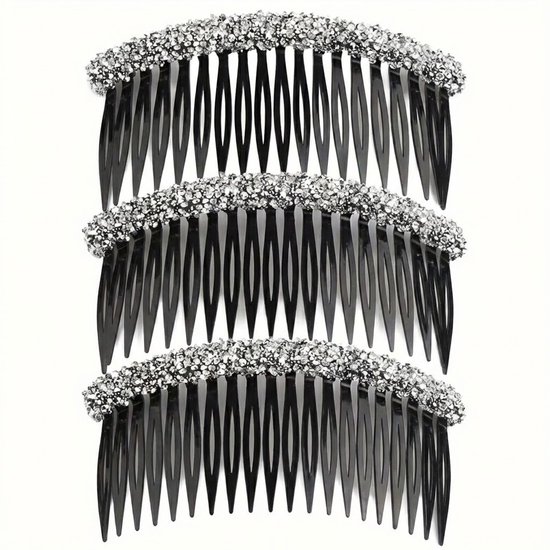 Drie zwarte, decoratieve haarspeldkammen met zilverkleurige strass-rand.