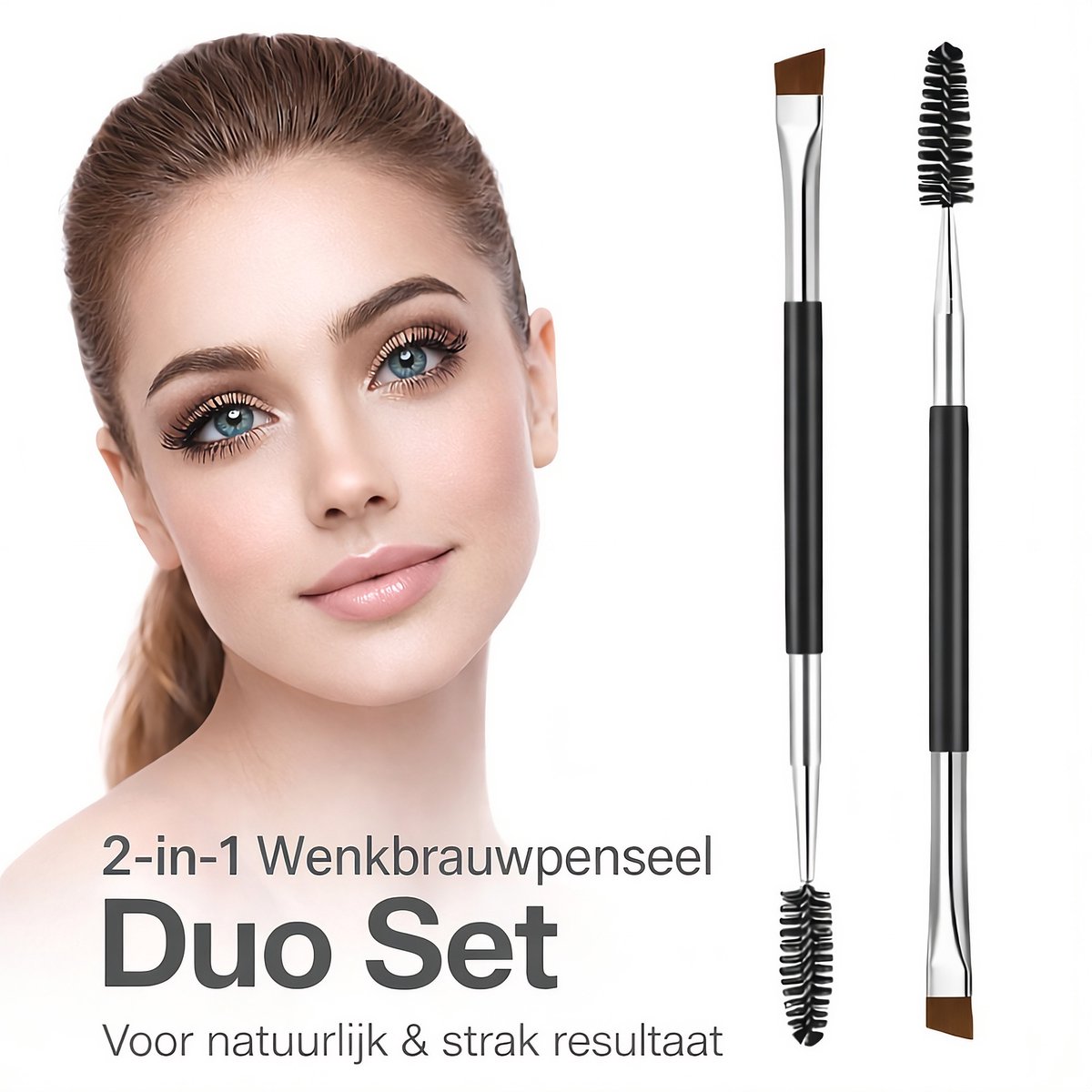 Wenkbrauwpenseel met Borsteltje – Schuin Eyebrow Brush – 2-in-1 – Voor Pomade, Poeder & Gel