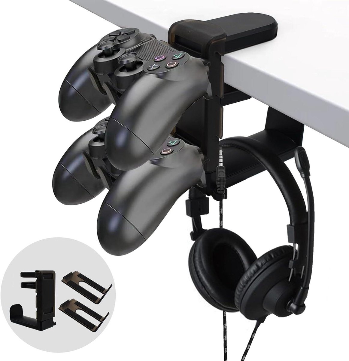 Gaming headset houder voor onder bureau met controller haak in zwart