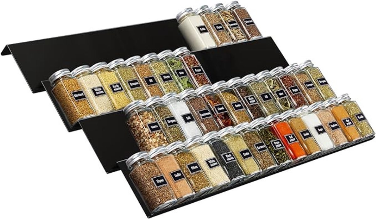 Verte Kruidenrek - 4 Niveaus - Lades voor Maximaal 56 Kruidenflesjes - Kruidenorganizer voor Lade - Breedte 33 tot 66 CM - Combineerbare Kruidenbak - Kruideninzet - Zwart