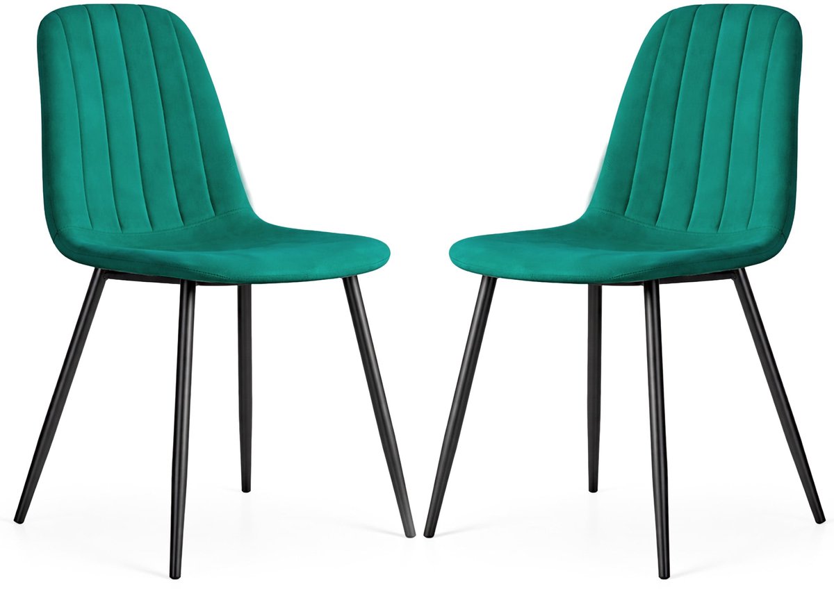 Set van 2 Eetkamerstoelen LUMO / Gestoffeerde Stoelen / Fluwelen Stoelen en Metalen Poten / Flesgroen met zwarte benen