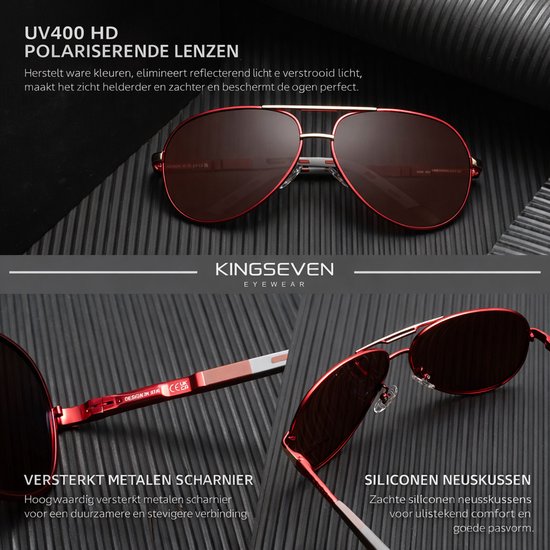 KingSeven Gepolariseerde Piloten Zonnebril - Trendy Piloten zonnebril met UV400 en polarisatie filter - Rood van Kingseven — afbeelding 4