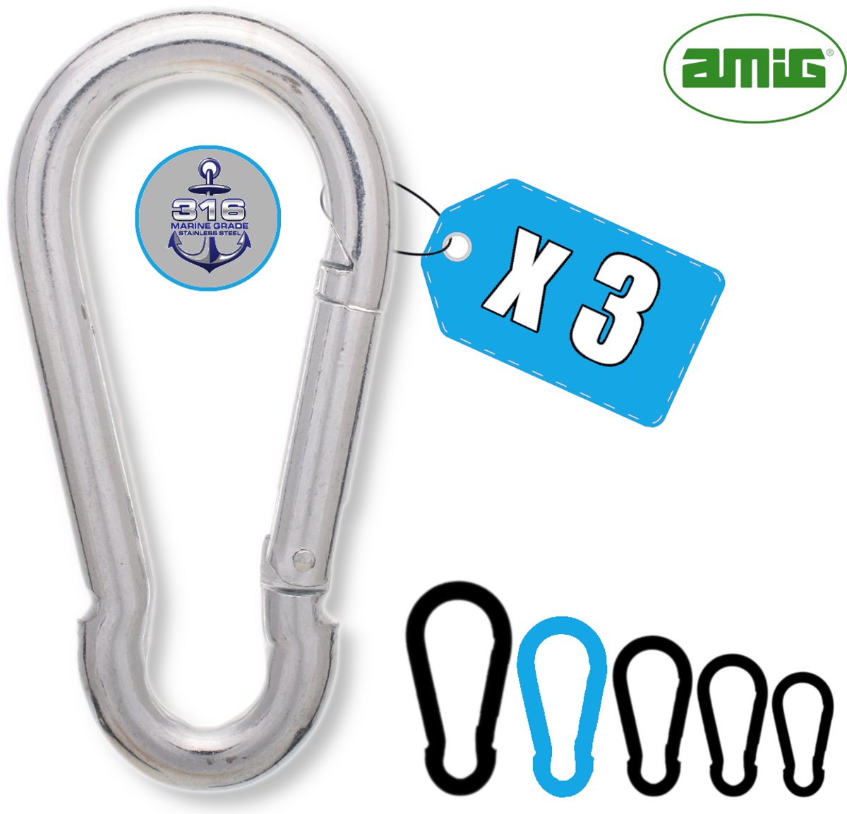 AMIG Karabijnhaak 8x80mm Groot RVS 316 Zeewater Bestendig Veersluiting Zeilboot Musketonhaak - 3 Stuks