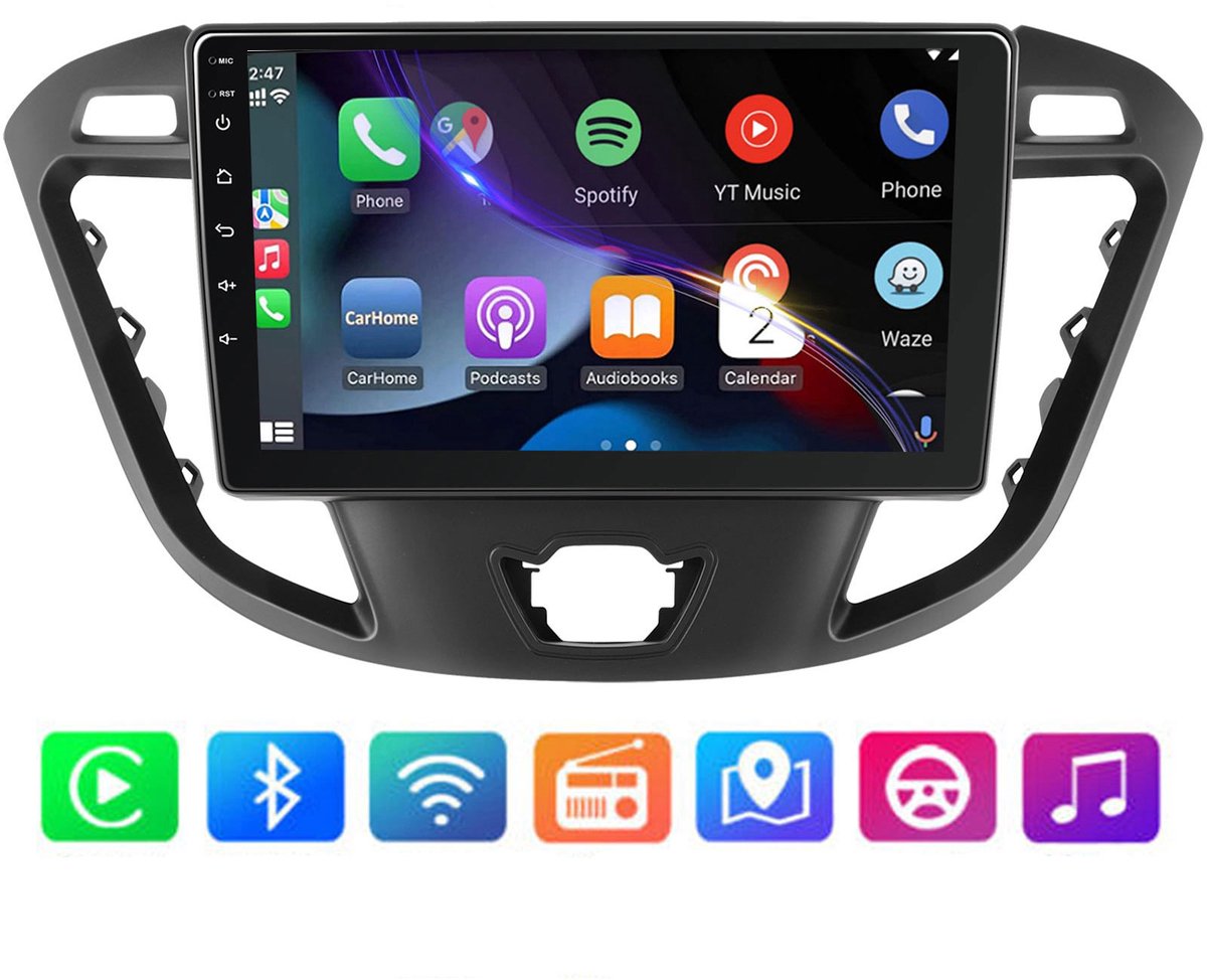 ESSGOO CarPlay autoradio geschikt voor Ford Transit Custom (2012-2021) - 9 inch touchscreen - Android 15 - Draadloos Apple Carplay & Android Auto - 4GB + 64GB - Bluetooth & Wifi GPS Navigatie