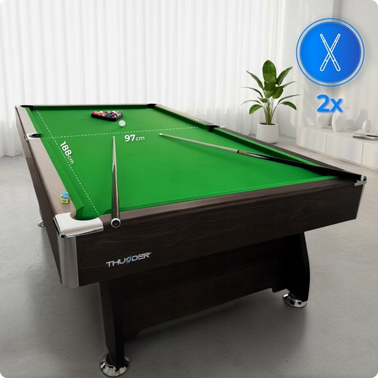 Thunder 7FT - Luxe bruine houten pooltafel - 226 x 127 cm - inclusief poolbenodigdheden: set van 16 poolballen, 2x keu, triangel, borstel & poolkrijt — afbeelding 5