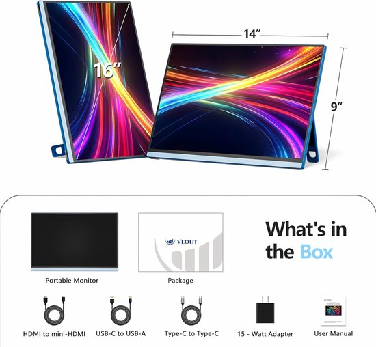 Draagbare Monitor 16 Inch – Portable Scherm – Mobiele Monitor – Laptop ...