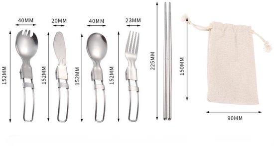 5-Delige Inklapbare Campingbestek Set RVS (304) - Draagbaar Reisbestek met Mes, Vork, Lepel, Spork & Eetstokjes - Compact Outdoor Bestek voor Picknick, Hiken & Backpacken - Inclusief Zwarte opbergtas — afbeelding 3
