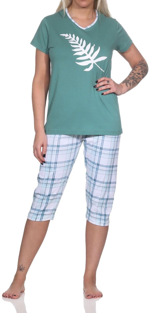 Normann Elegante capri-damespyjama met geruite ¾ broek en print op de voorkant blau