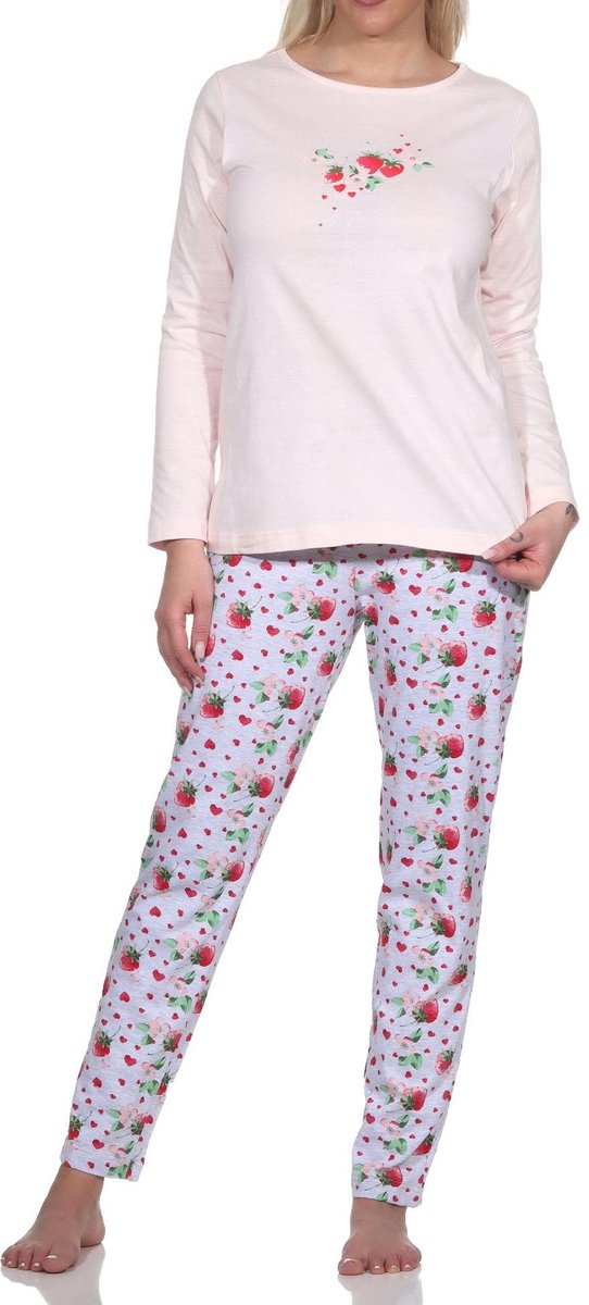 Normann Schattige Normann damespyjama met lange mouwen en aardbeienmotief rosa