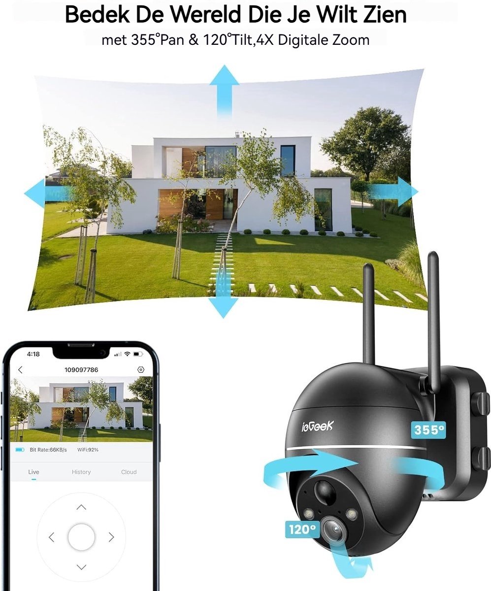 ieGeek 5MP Beveiligingscamera Braadloos Buiten - Zonne Energie Kamera - Draadloos Wifi - 360° PTZ - Werkt op Batterijen - Tschijnwerper en Sirene - Bewegingsdetectie - Kleuren-Nachtzicht - 2-Weg Audio - IP65 - Werkt met Alexa – foto 8