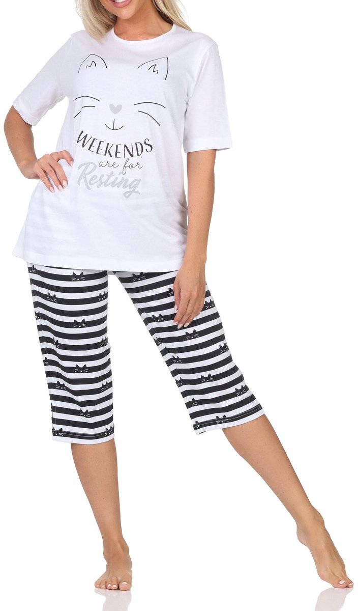 Normann dames capri pyjama met korte mouwen in kattenlook – ook in grote maten weiß