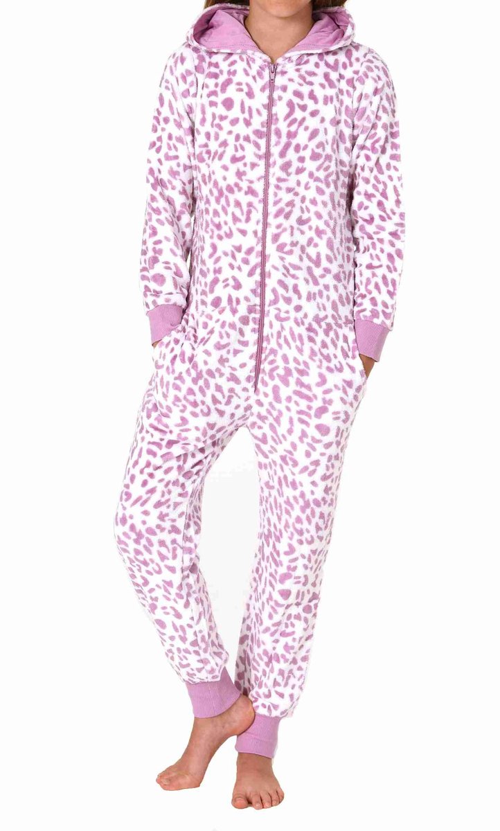 Normann Meisjespyjama jumpsuit overall koraal fleece dierenlook pink