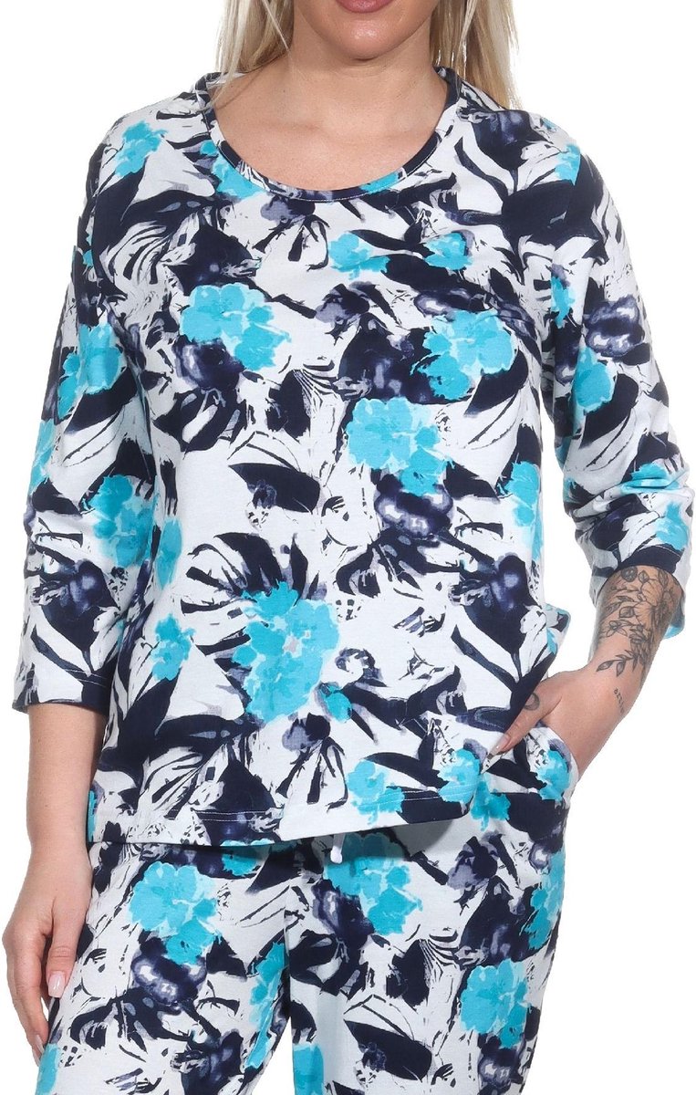 Normann Dames Pyjama Shirt Lange Mouw Pyjama Top Mix & Match in Floral Optics hellblau