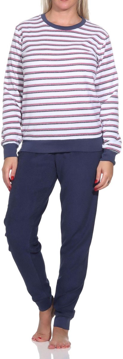 Normann Dames Badstof pyjama met lange mouwen en manchetten - blokstreep-look - ook in overmaten navy