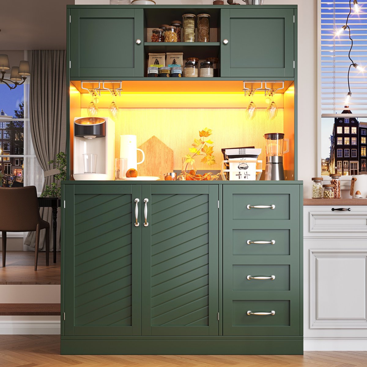 Sweiko Keukenkast - Dressoir - LED-verlichting - 4 deuren - 2 lades - 120x40x188cm - Groen