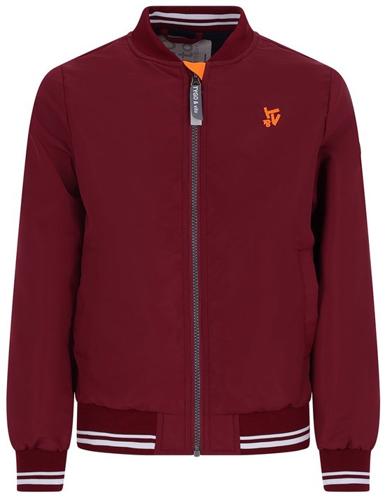 Bomber jacket bordeaux de TYGO & vito avec logo orange sur la poitrine et poignets rayés.