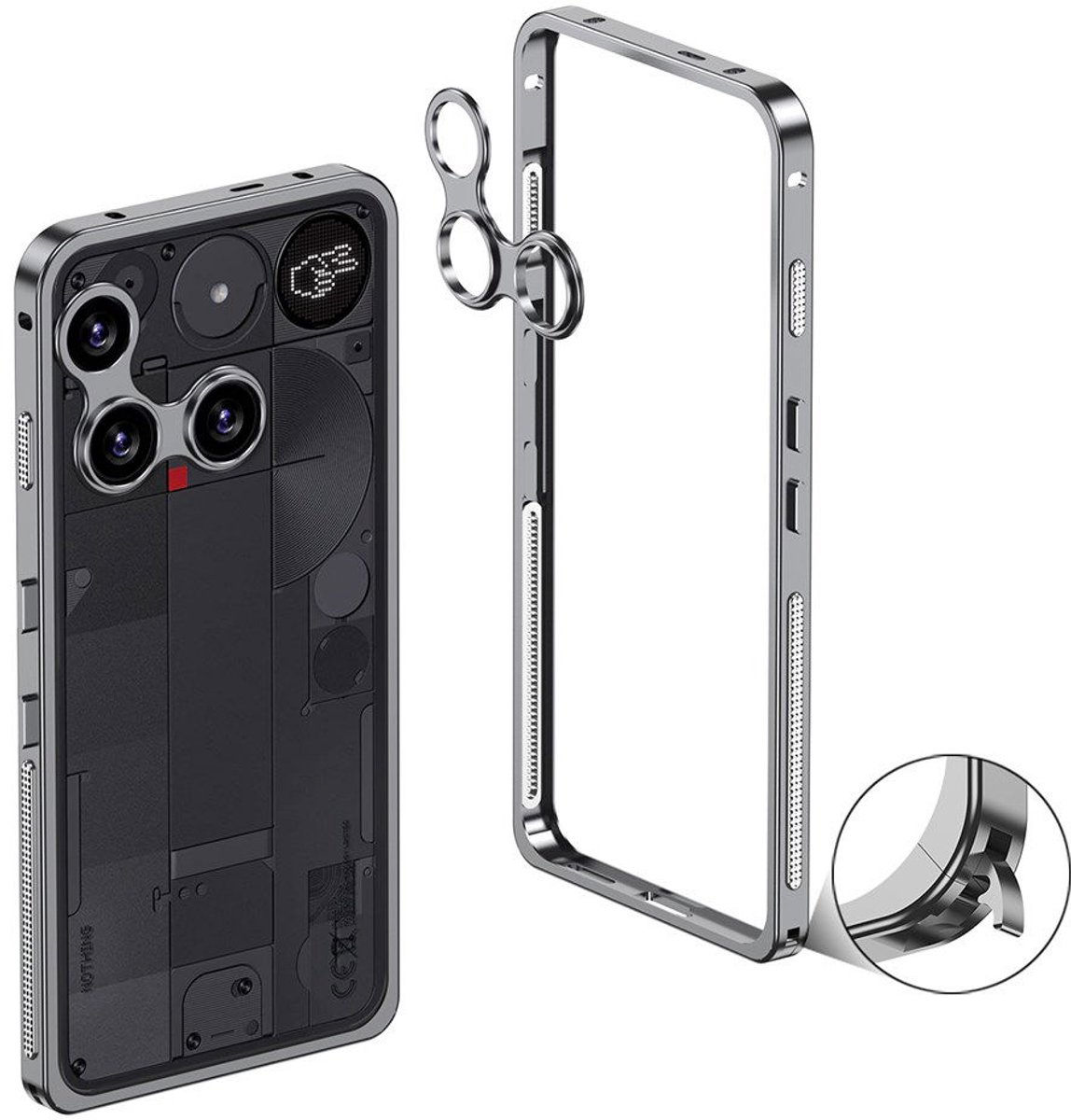 Metalen Hoesje Frame met Camera Protector Geschikt voor de Nothing Phone (3) - Grijs