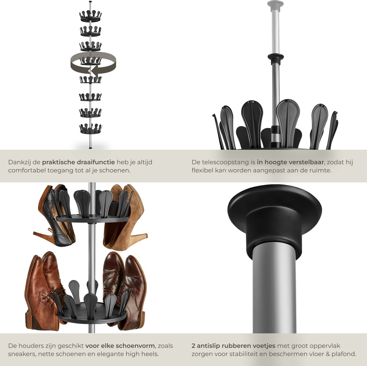 tectake® Schoenenrek voor 96 schoenen - Schoenencarrousel - Draaibaar en in hoogte verstelbaar - Klemmechanisme vloer-plafond - 8 niveau's - Hoogte max. 300cm