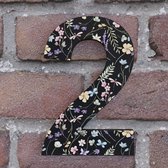 Huisnummer Arial 2 zwart met bloemen - Maat: Groot (20 cm) - zelfklevend - Huisnummerbord