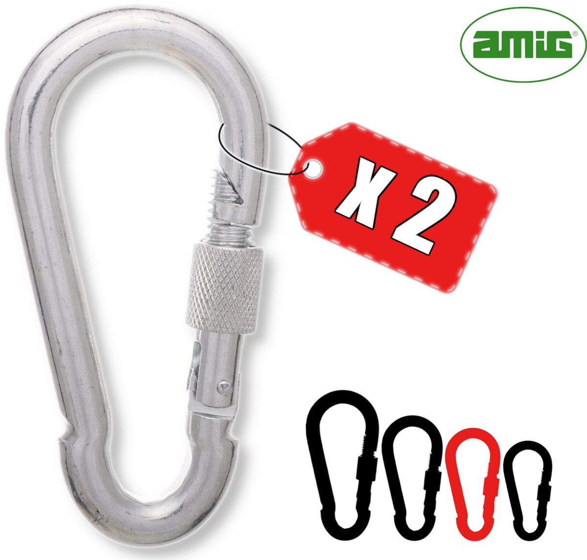 AMIG Karabijnhaak 7x70mm met Schroefsluiting Verzinkt Staal 180kg Stevig Veilig Set - 2 Stuks