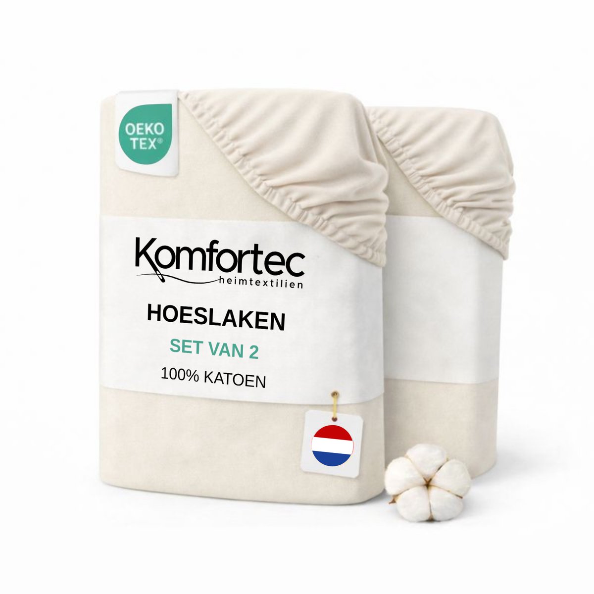 Komfortec Jersey Stretch 2-delige Hoeslaken Set 180x200 cm, Dubbelpak, 23 cm Matrasdikte, Rondom Elastiek, 100% Katoen, Creme