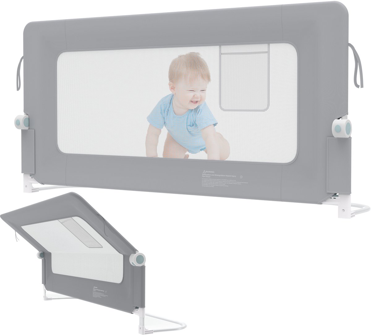 1x Babybedhekje, opvouwbare bedhekjesset, in hoogte verstelbaar van 72-86 cm, valbeveiliging, kinderbedhekje met opbergvakken, 200 cm bedhekje voor baby- en peuterkamer (grijs) NAIZY