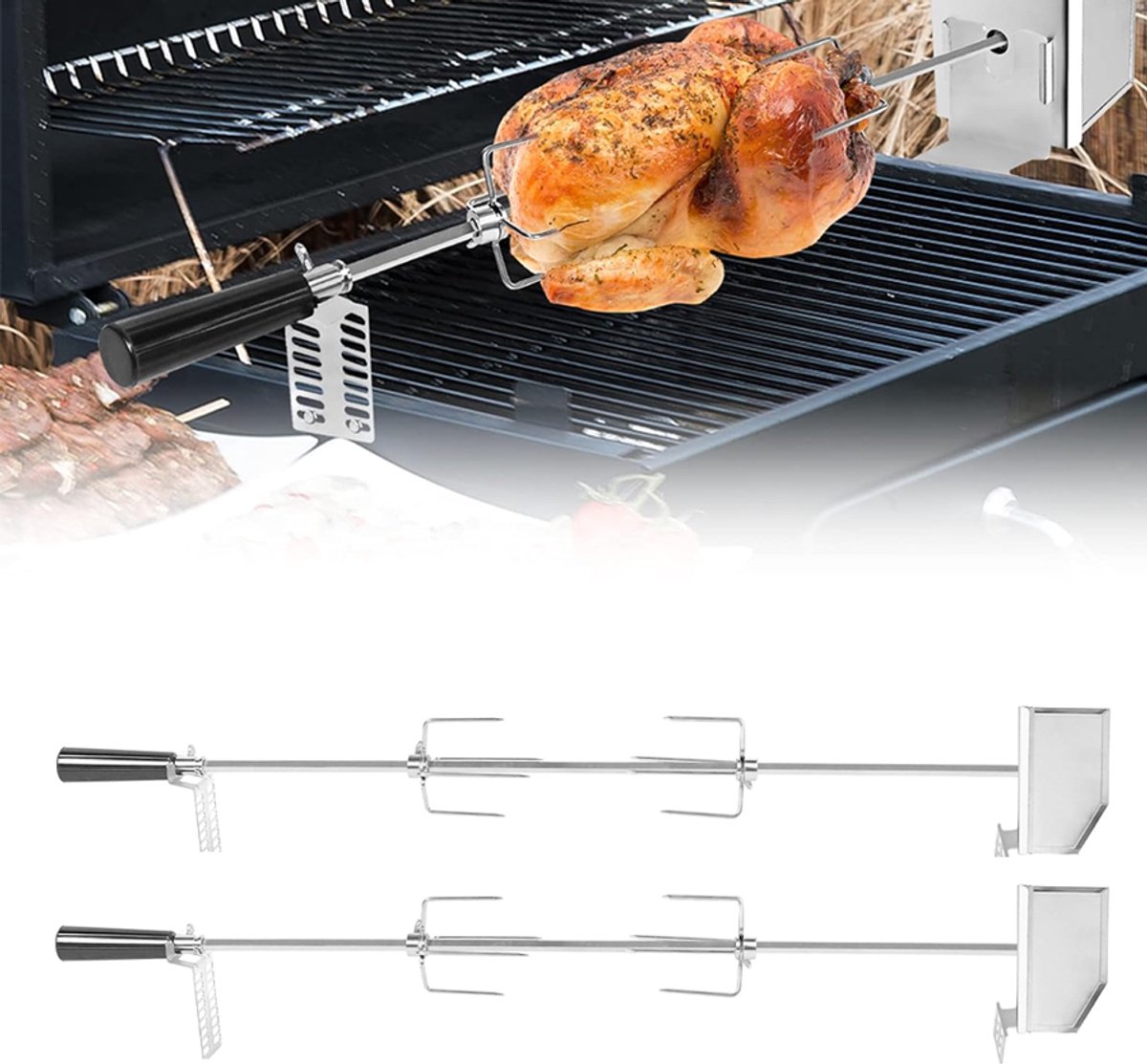 Aufun Roestvrijstalen Spiesenset - Inclusief De Motor En 4 Barbecuespiesen - 107 Cm Barbecuespies - 220 V - 240 V - Geschikt Voor BarbecueëN, Binnen- En Buitengebruik