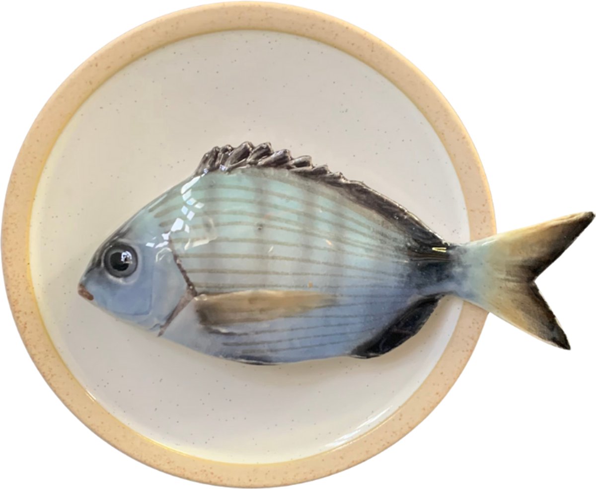 Sarago medio op crème kleur bord met lichte rand, 15cm rond