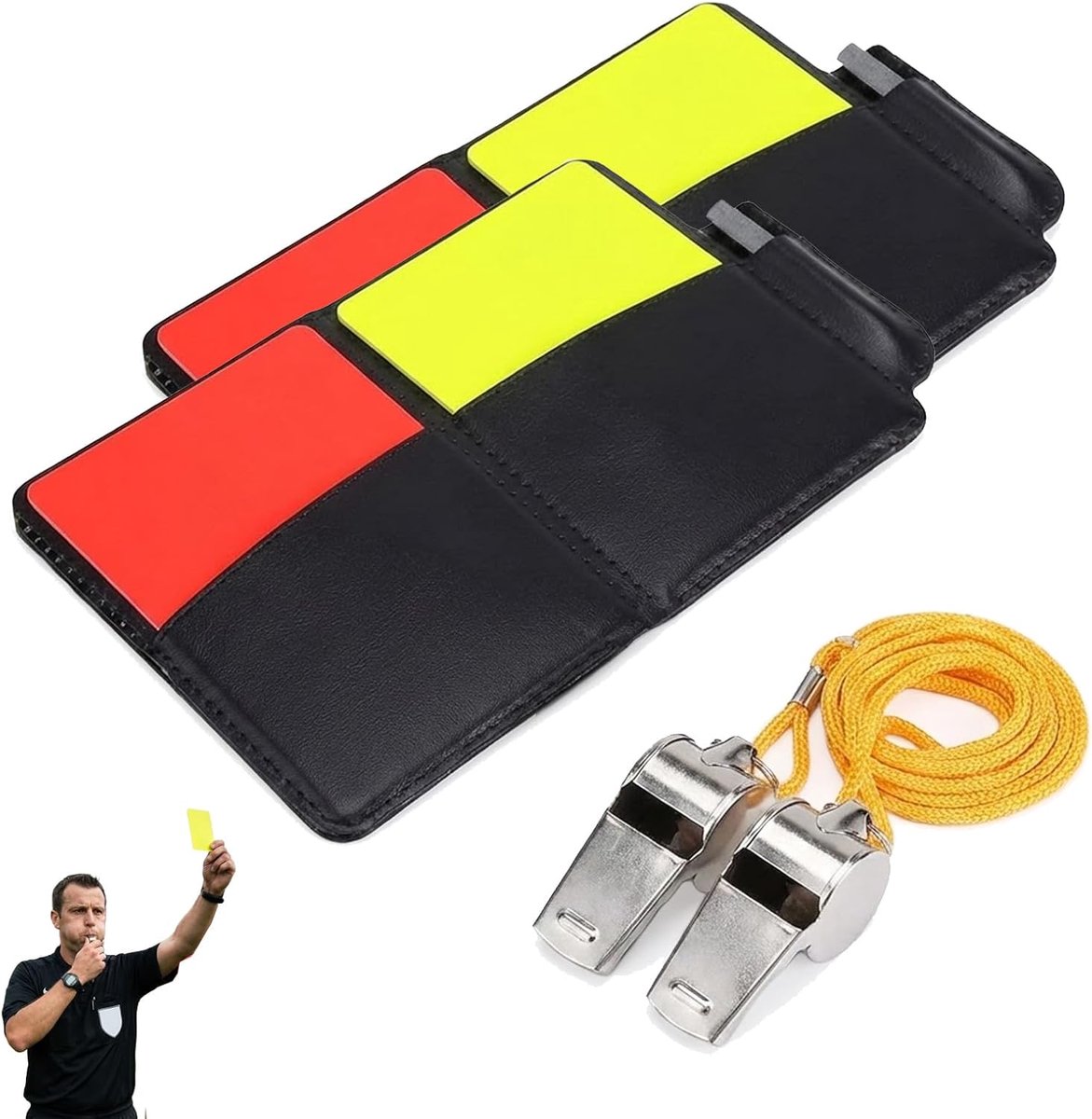 Scheidsrechter Kaarten - Voetbal Scheidsrechterkaarten - 2 Rode Kaart - 2 Gele Kaart - Voetbalscheidsrechteren met Accessories - 2 Metalen Fluitjes - van Imperatoris