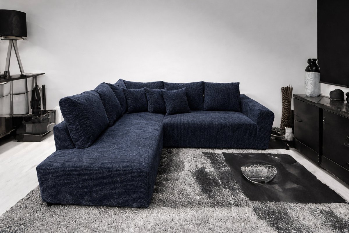 Moderne Hoekbank met Lounge Links – Koningstijl - Deep Blue Ribstof (Corduroy) – Inclusief Kussens – Comfortabele Zit- en Loungebank voor Woonkamer