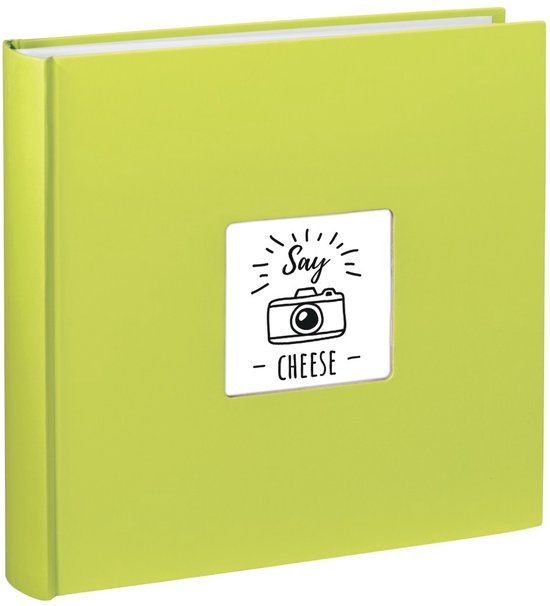 Groen fotoalbum met een vierkant venster aan de voorkant, met de tekst 'Say Cheese' en een camera-icoon.