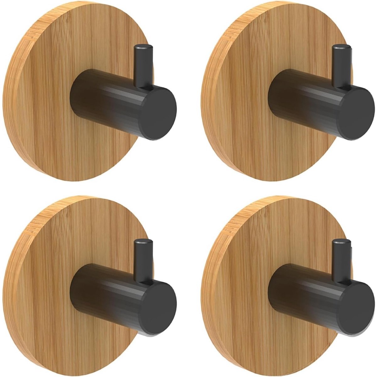 GELLDG Universele set houten wandhaken - 4 stuks - Zelfklevende haken - Zelfklevende handdoekrekken - Zwarte decoratieve bamboehaken - 50 mm diameter - Boren niet nodig - Geschikt voor badkamers en keukens