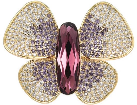 Broche papillon dorée avec un cristal central violet allongé, entourée de cristaux blancs et violets.