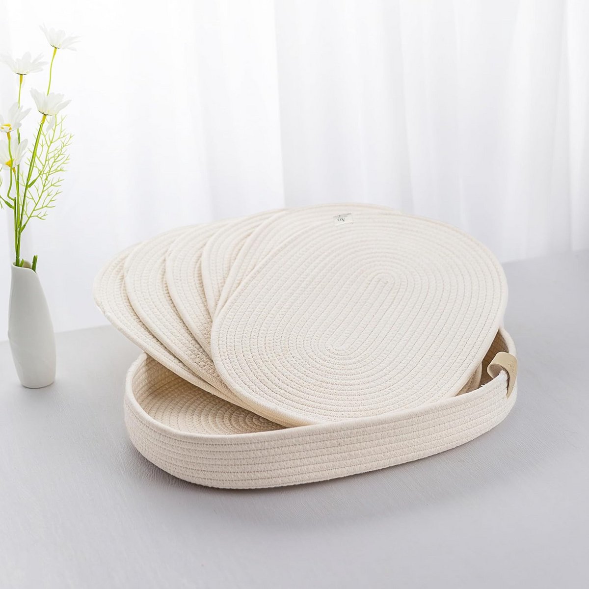 Set van 6 Ovalen Geweven Placemats van Katoenen Touw met Opbergmand