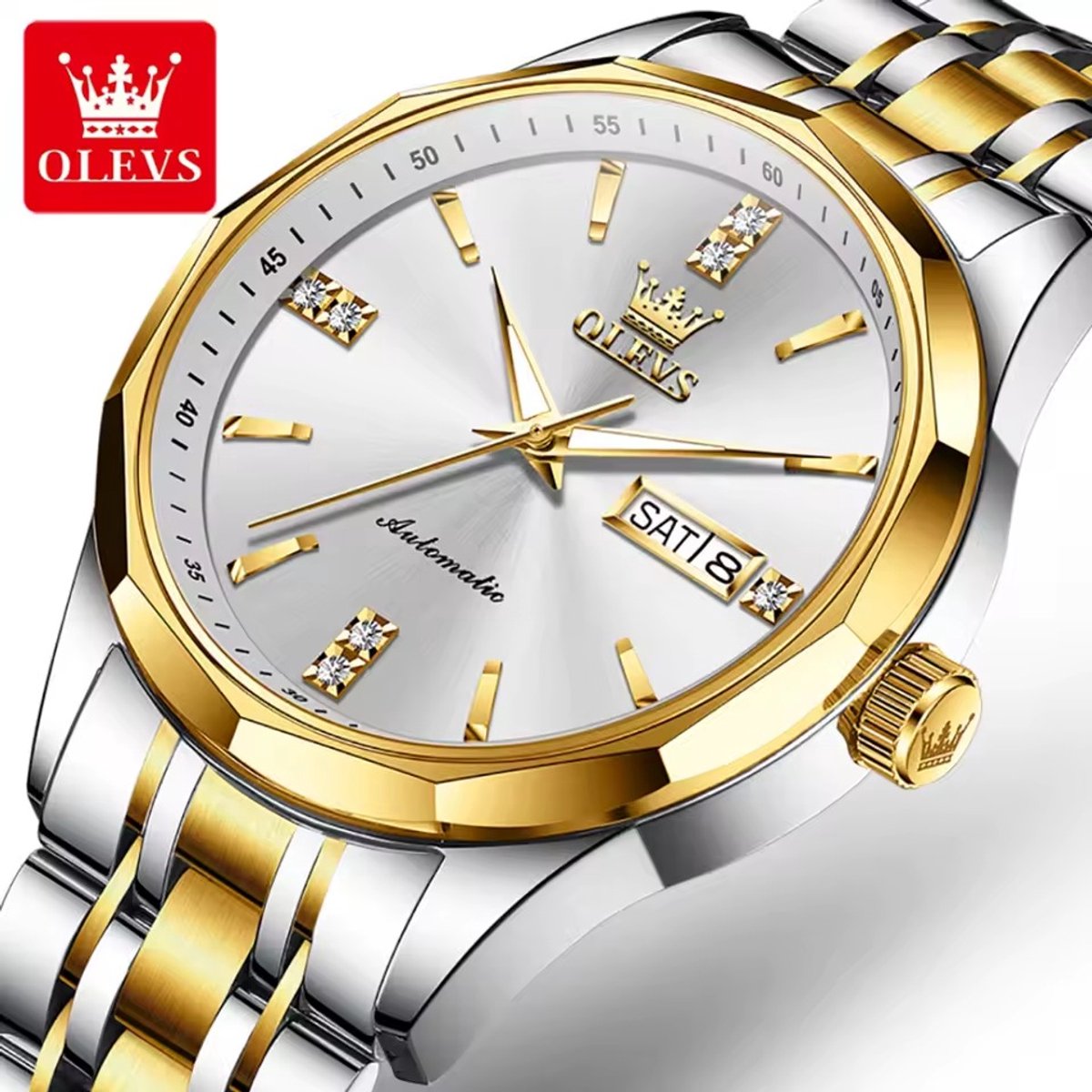 HO-7056.gz-gz : Olevs automatisch mechanisch goud-zilverkl edelstalen Tourbillon heren horloge, zilverwitte wijzerplaat, kalenderdag, dagnaam