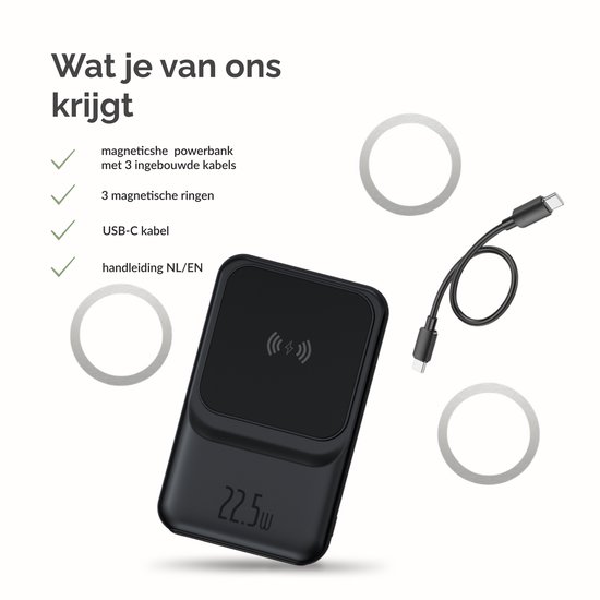 Zwarte powerbank met 3 ingebouwde kabels, 3 magnetische ringen en USB-C kabel.