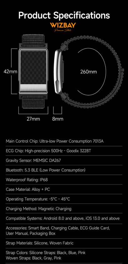Zilveren smartwatch met zwart display, grijze stoffen band. Afmetingen 42mm, 27mm, 8mm, 260mm.