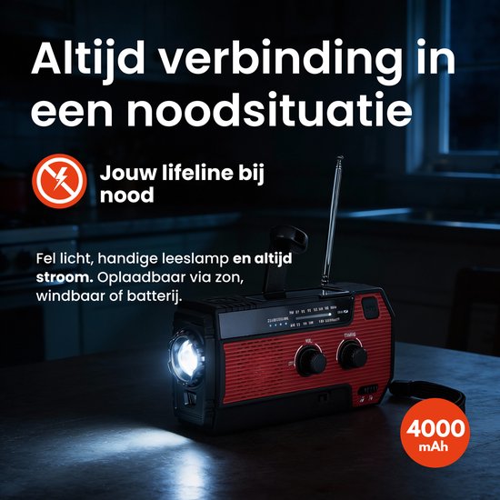 Rode noodradio met verlichting aan, opgeladen via zon, wind of batterij. Met 4000 mAh batterijcapaciteit.